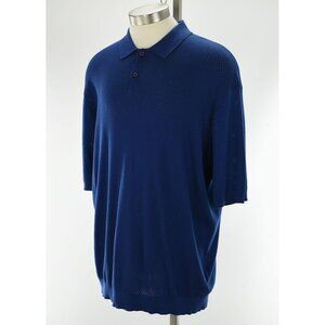 ERMENEGILDO ZEGNA Blue Perforated Short Sleeve Knit Polo Sweater 60 XXL NWT